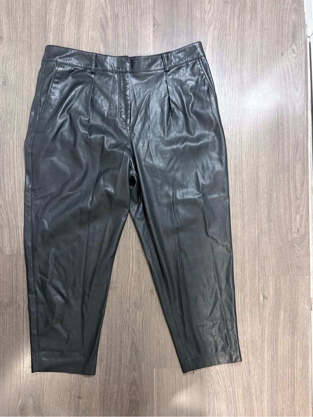 Calvin Klein Black Faux Leather Pleated Pants